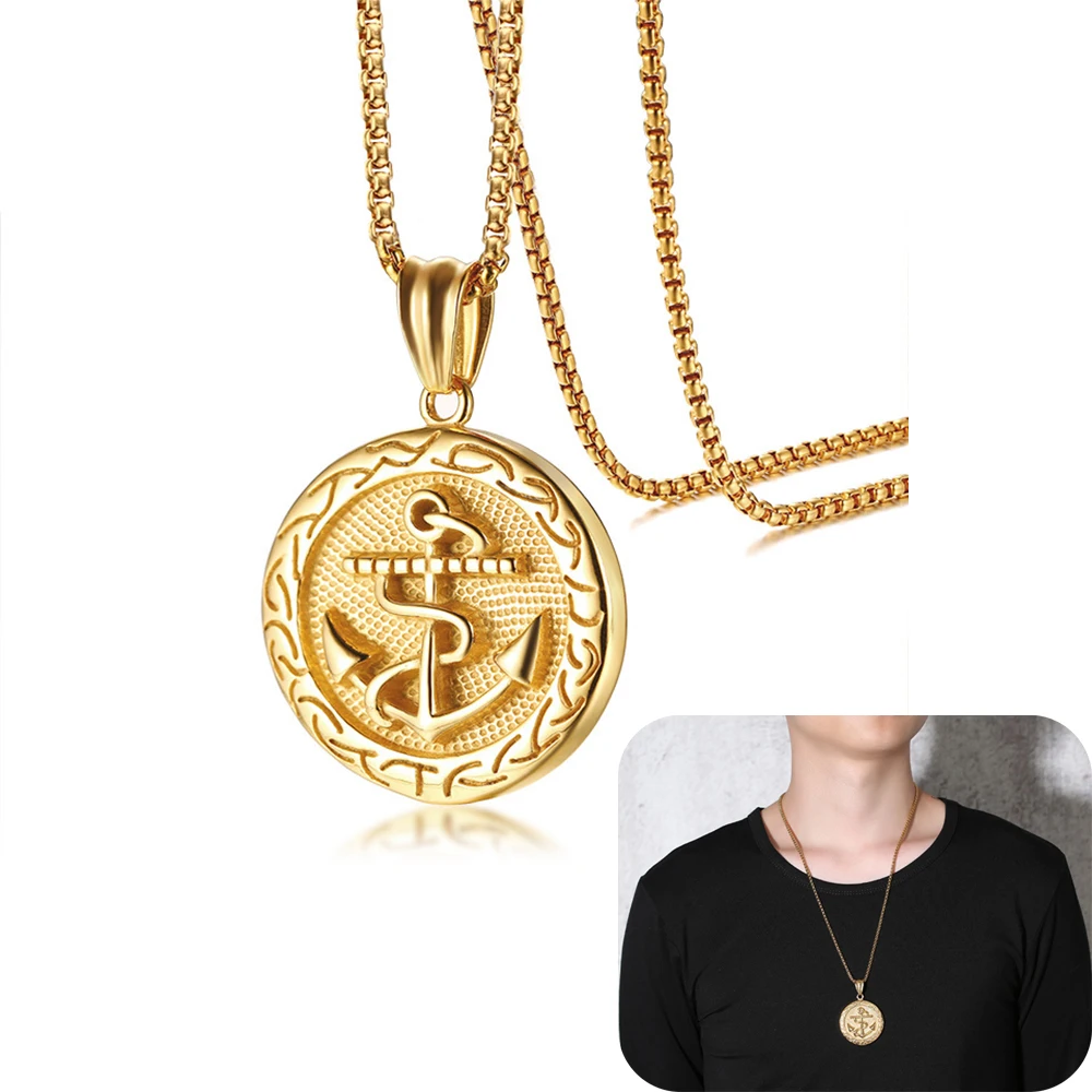 

Vintage Punk Style Stainless Steel Anchor Signet Necklace for Men Gold Tone Link Chain Plated Luxury Male Jewelry Accessories