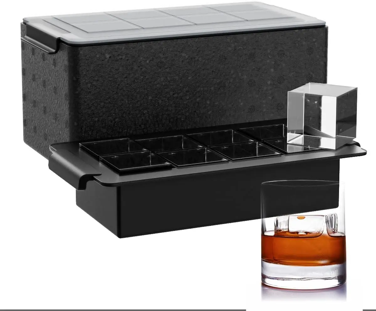 USA New Trending Easy Release 8 Cavity Jumbo Size 2 Inch Crystal Clear Ice Cube Tray Slow Melting Square Clear Ice Mold Maker