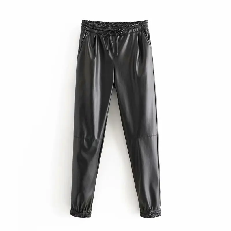 

kz401 Spring autumn women's elastic waist black pu leather pants ladies chic style casual cuff trousers