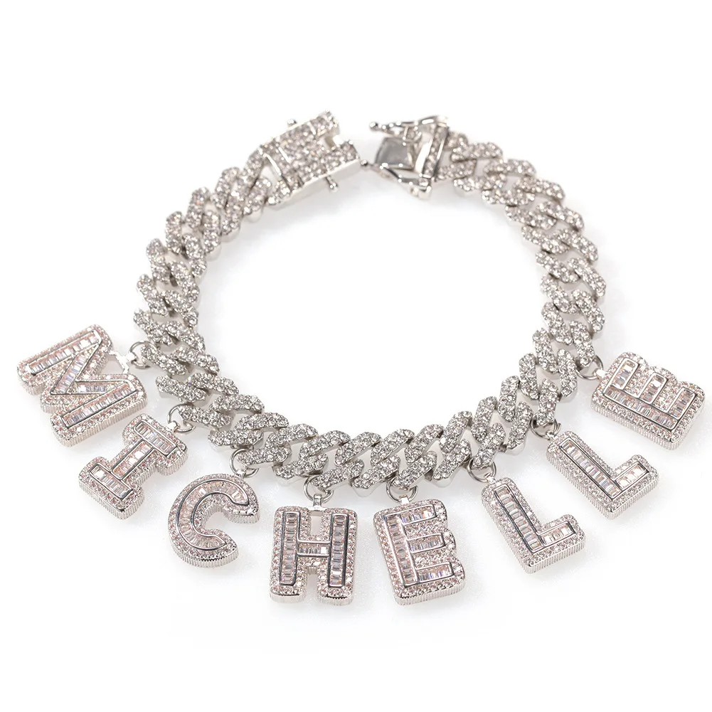 

Hot Selling Baguette Letter Necklace Customized Bracelet Jewelry Name DIY Custom Anklet Letter Rhinestone Cuban Link Chain