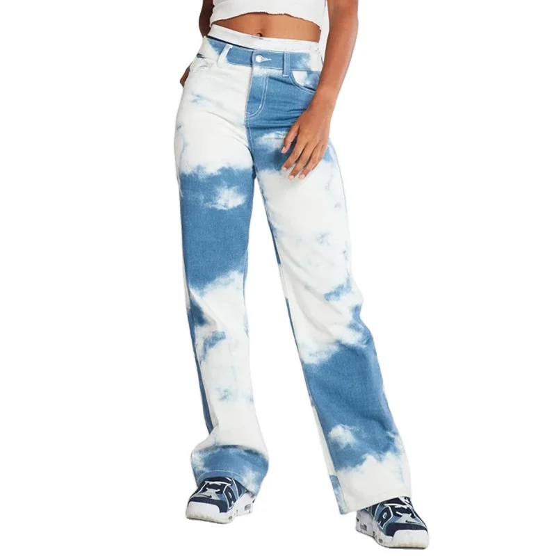 

Blue Sky & Cloud Print Women's Streetwear Jeans Fashion High Waist Slim Contrast Color Tie Dye Casual Cowboy Pants Trendy