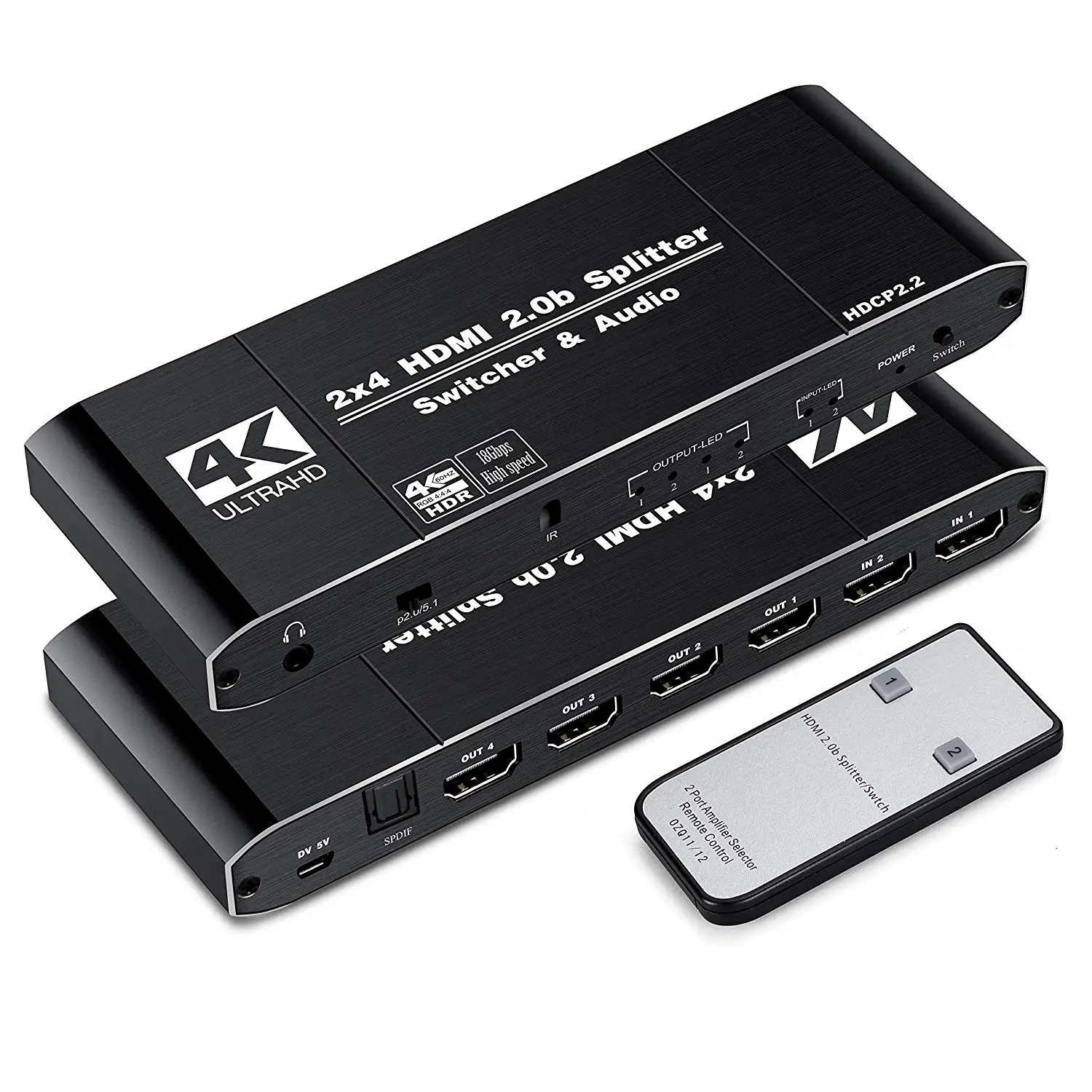 

4K@60Hz 2x4 HDMI 2.0 Switch Splitter SPDIF Audio 3.5mm & Scaler 2 in 4 out with IR Remote Support 4K 3D HDMI2.0 HDCP2.2