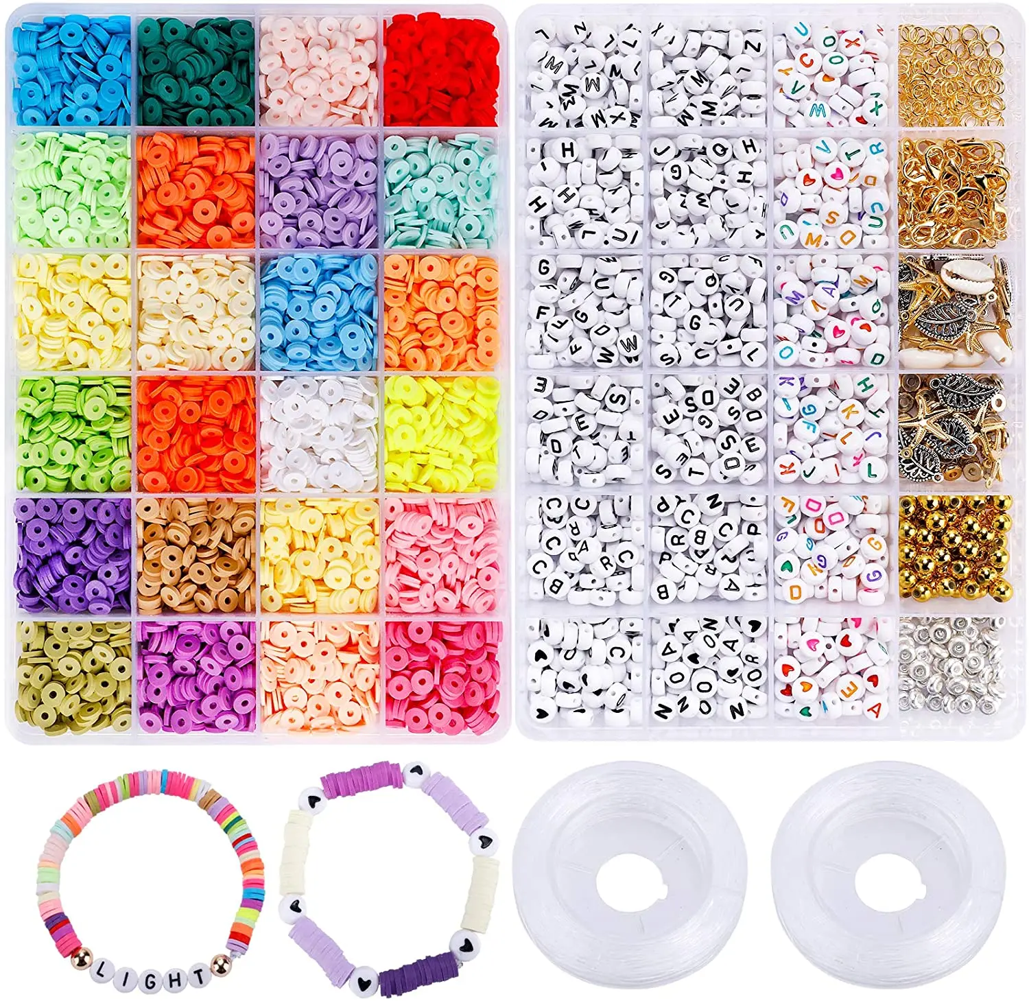 

6000pcs Clay Heishi Beads with Letter Beads for Bracelets, 24 Colors  Flat Polymer Clay Spacer Beads with Elastic String, Mixed color