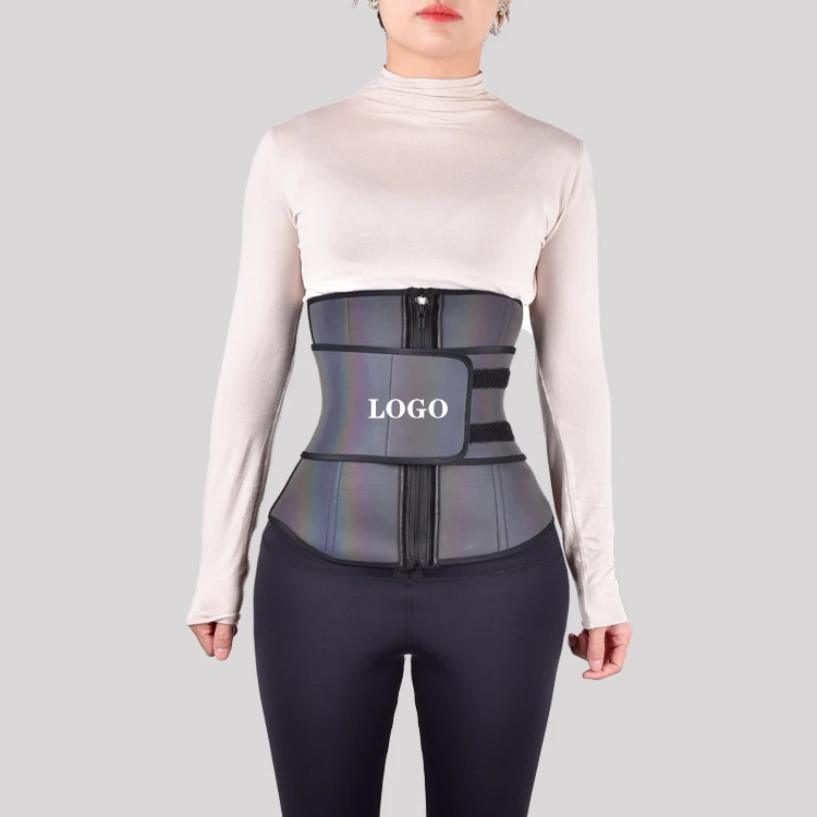 

Custom Women Logo Slim Zipper Reflective Iridescent Neoprene One Belt Control Tummy Waist Trainer, As picture show