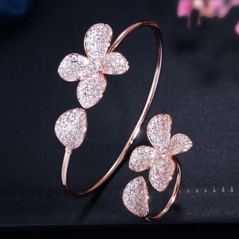 

Adjustable Size Full Cubic Zirconia Rose Gold Color Flower Leaf Cuff Bangle Bracelet and Ring Sets for Women, Picture shows