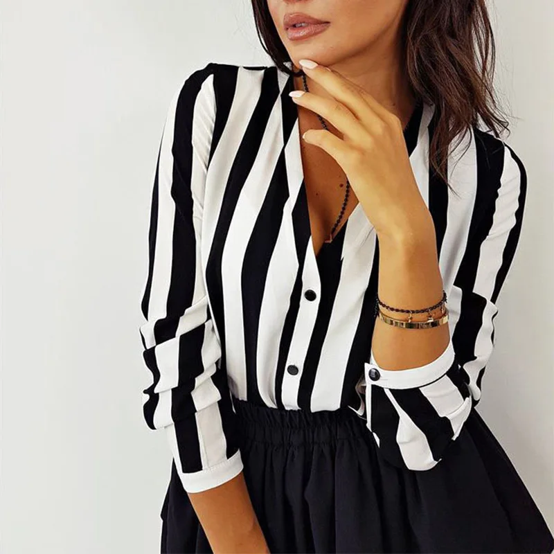 

2021 Spring and autumn v-neck sexy ladies shirt stripe long sleeve blouse quantities welcome to order