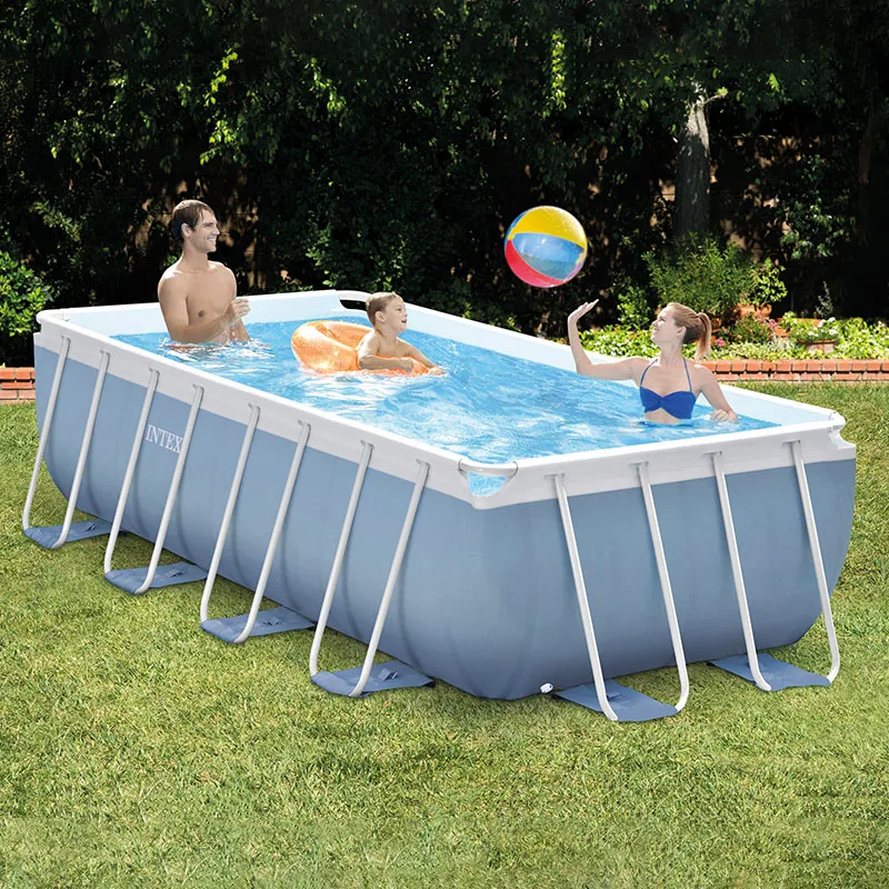 

2021 INTEX Outdoor Large Family Inflatable Rectangular Metal Frame Swimming Pool, Blue