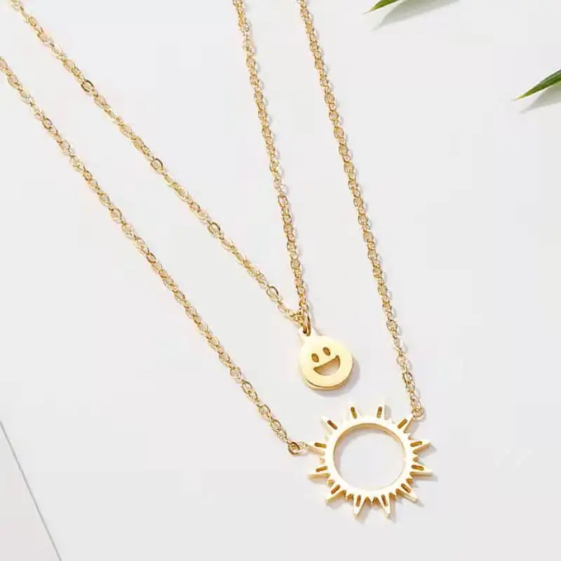 

Stainless steel item sun sunflower titanium steel smiling face Necklace women simple double layer double layer chain pendant
