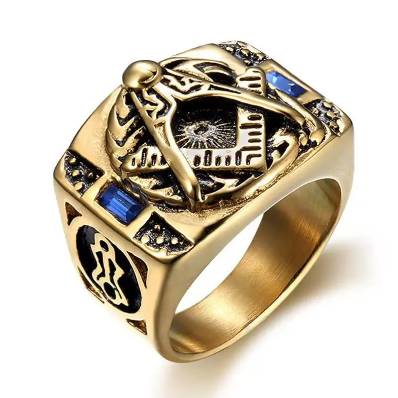 

Men's jewelry wholesale Vintage stainless steel ring inlaid with blue diamond Gold Masonic steel ring
