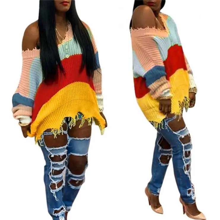 

Hot Sale Wholesale Fashion Colorful Strip Off Shoulder Winter Clothes Tops Women Sweater