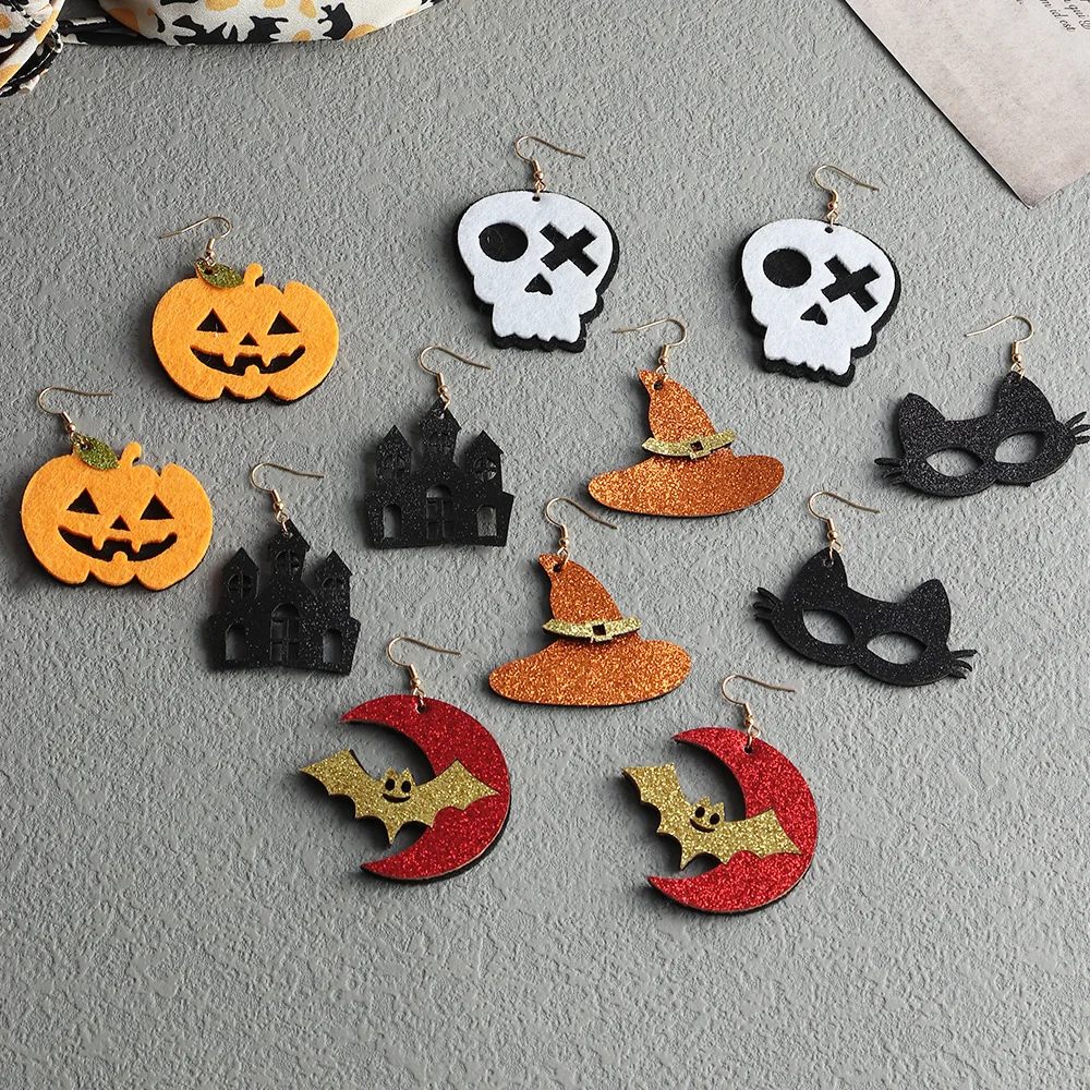 

New Halloween party earrings personality funny horror felt cloth skull ghost face pumpkin dangle earrings, Gold