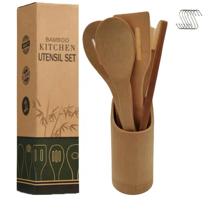 

Amazon Newest Cooking Serving Utensils Set Organic 8 Pieces Creative Custom Logo Bamboo Kitchen Accessories Set, Natural bamboo color