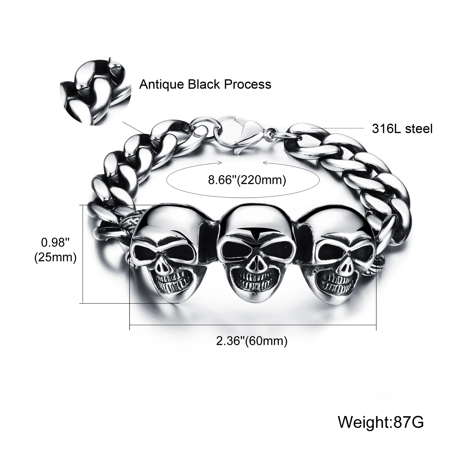 Selling Fashionable Stainless Steel Jewelry Charm Three Skull Men Bracelet