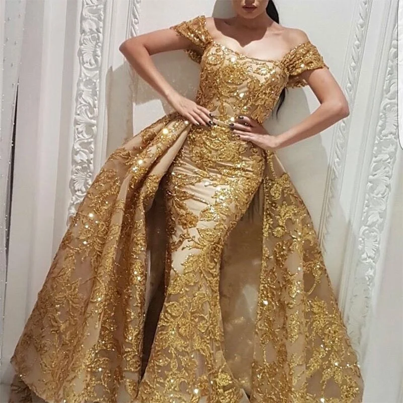 

Plus Size Evening Dresses Gold Prom Dress Luxury Ladies Long Lace Evening Party Wear Gowns with Removable Overskirt, As picture