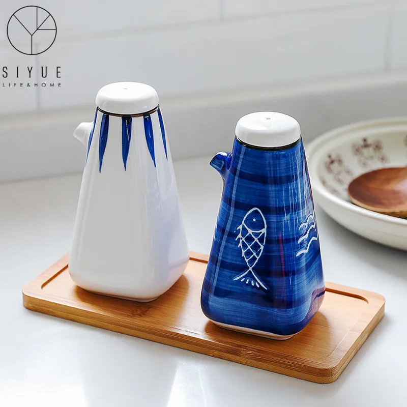 

Ceramic Japanese Jars Kitchen Oil And Vinegar Bottles Condiment Organizer Jar Set Spices And Seasoning Containers With Spoon, Blue,white