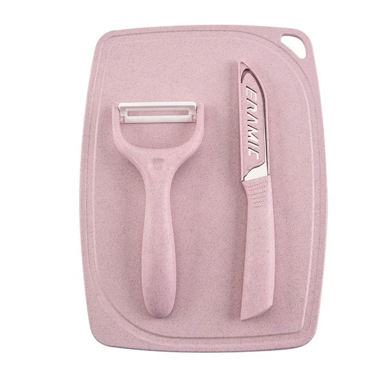 

Wheat straw fruit knife peeler cutting board three-piece baby food supplement knife cutting board, Blue/pink/brown