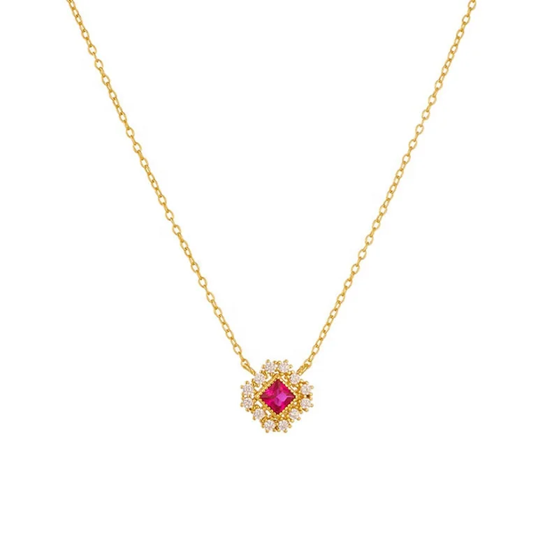 

Vintage Chain Necklace Ruby Stone 14k gold rhodium plated 925 cz necklace for women