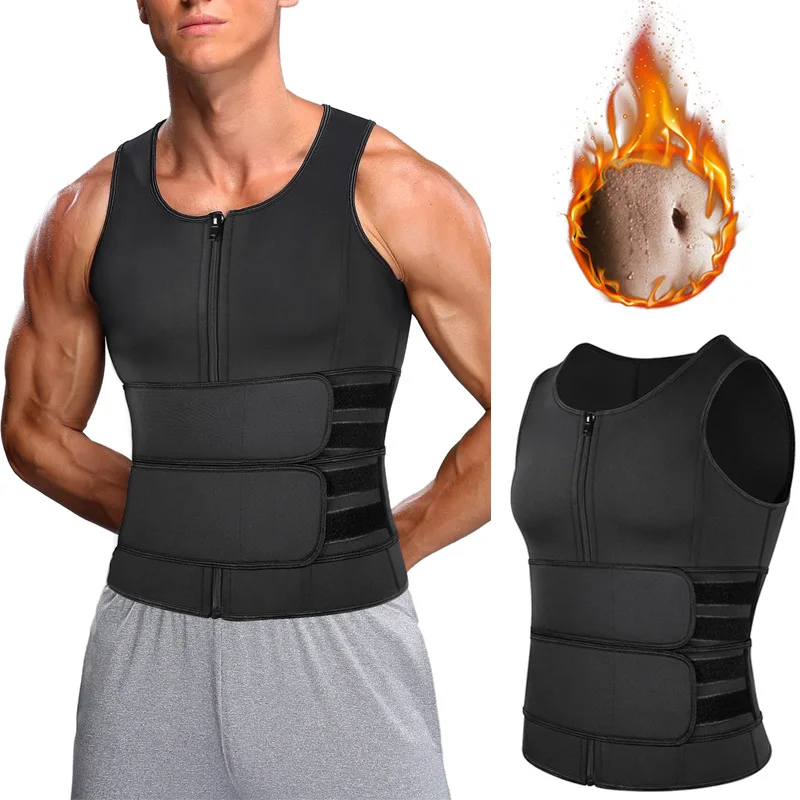 

Adjustable 2 Belts men workout waist trainer Straps Neoprene Corset Compression Slimming Sauna Tank Top Sweat Vest With Zipper