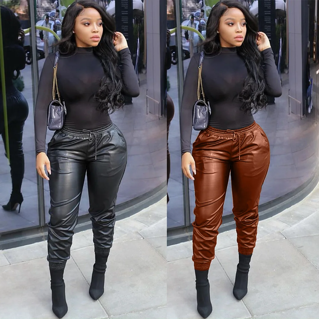 

High Waist 2021 Clothing Women Pleated Elastic Bottom Skinny Bodycon Laced Up PU Leather Pants Women XXXL