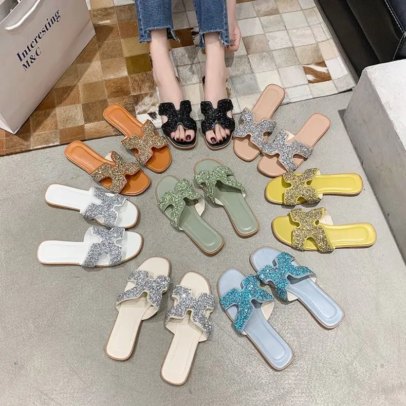 

Shiny H-designed slippers flat sandals 582, 8 color