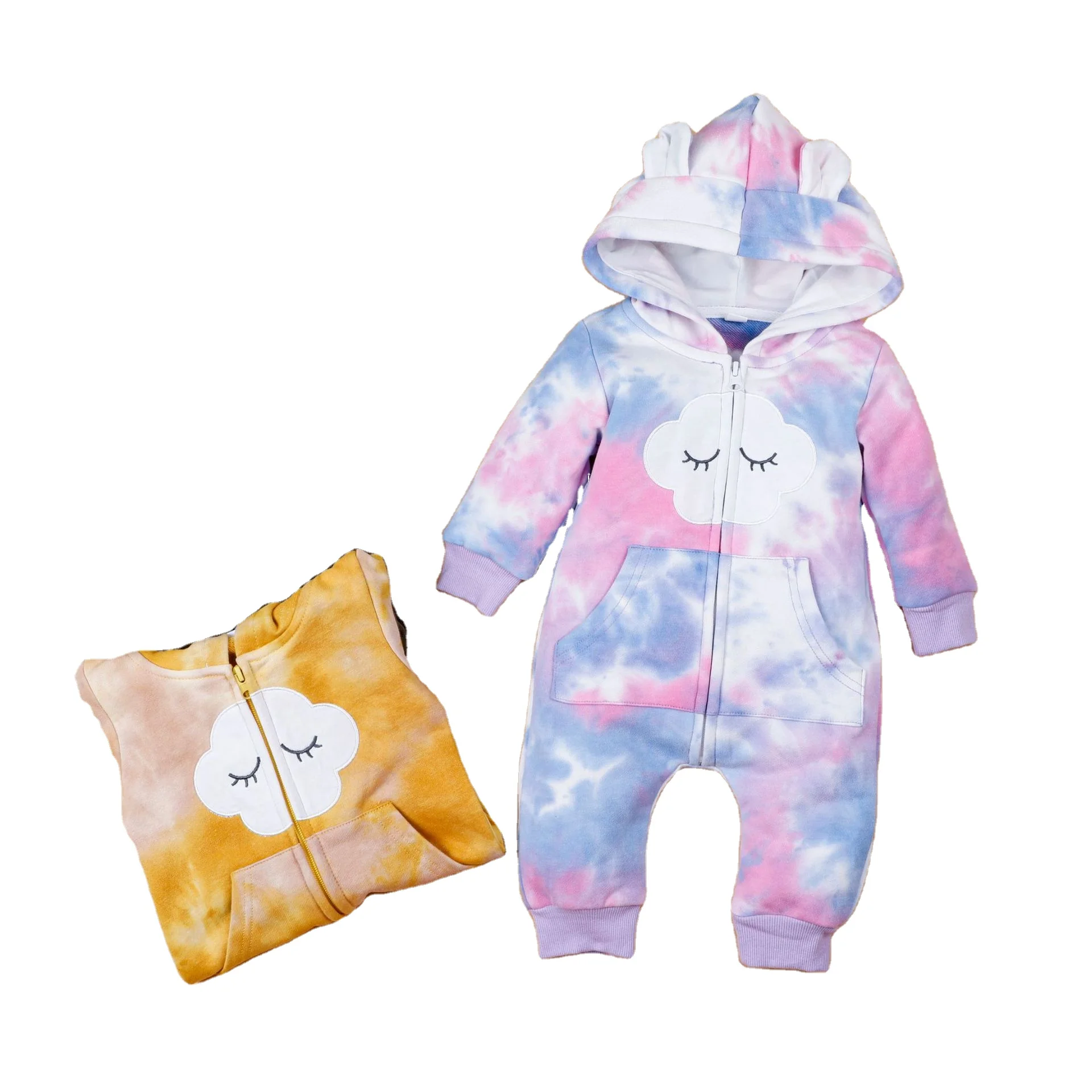 

Comfortable cotton toddlers tie-dyed rompers infants girls' and boys' one piece jumpsuit with hooded hat