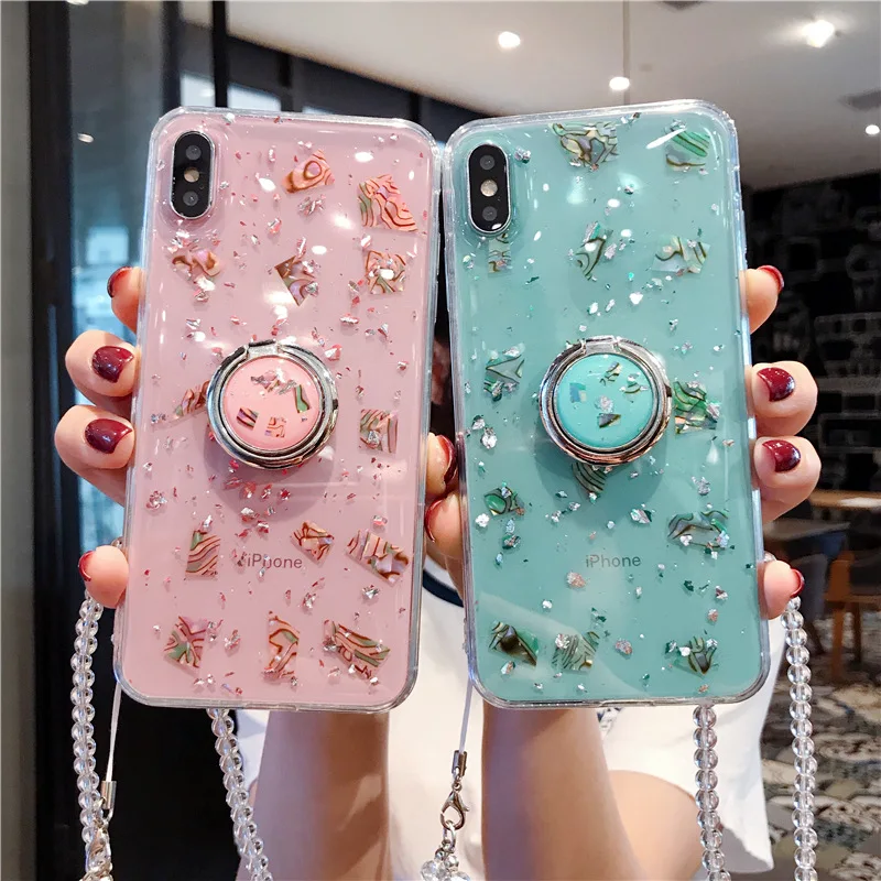 

pink blue acrylic beautiful unique bling glitter sequin mobile phone bags with folding Metal ring holder for iphone 11 Pro max 7