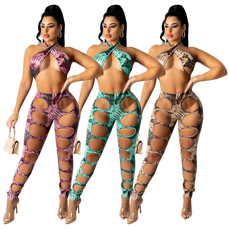 

MT233-8086 2021 summer halter neck crop top with cut out leg pants two piece snake print sexy 2 piece set women clothing sets