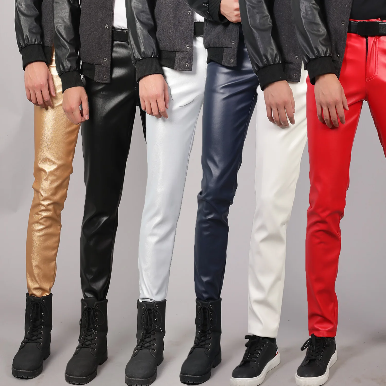 

Young and middle-aged leather pants Men's elastic slim fashionable white dance performance bar leather pants