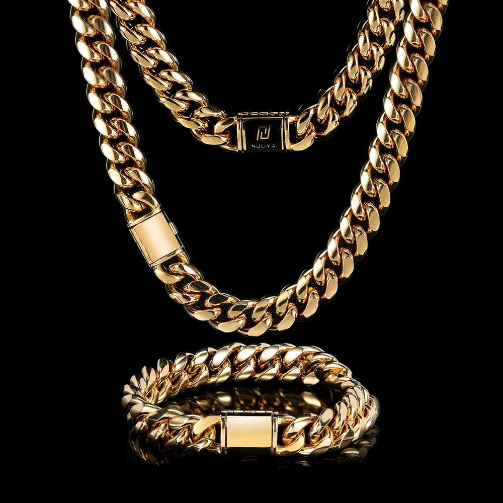 

Hip Hop New Box Clasp Engraved Logo Cuban Link Chain 18k PVD Plated Stainless Steel Miami Gold Cuban Necklace, Picture