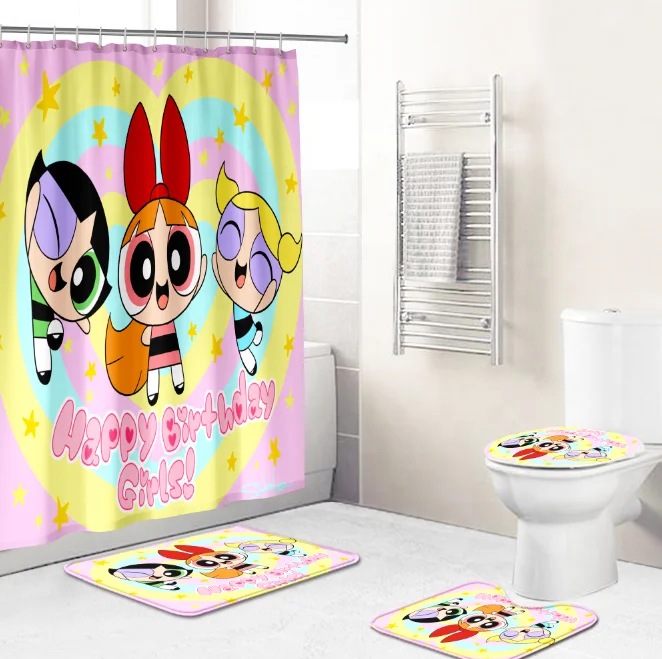 

Hot Sale Custom Waterproof Power puff girl Polyester Fabric Bathroom Sets With Shower Curtain and Rugs