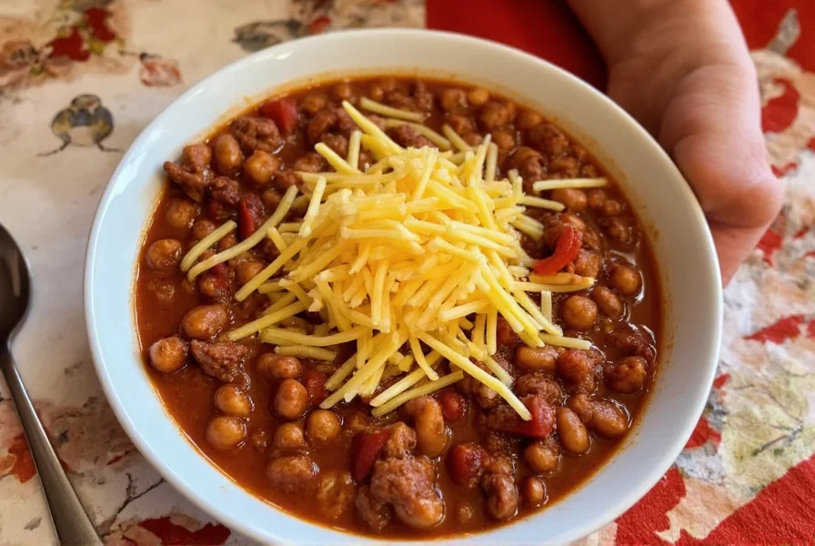 Finished bowl of Steak and Shake chili recipe served with oyster crackers and cheese topping