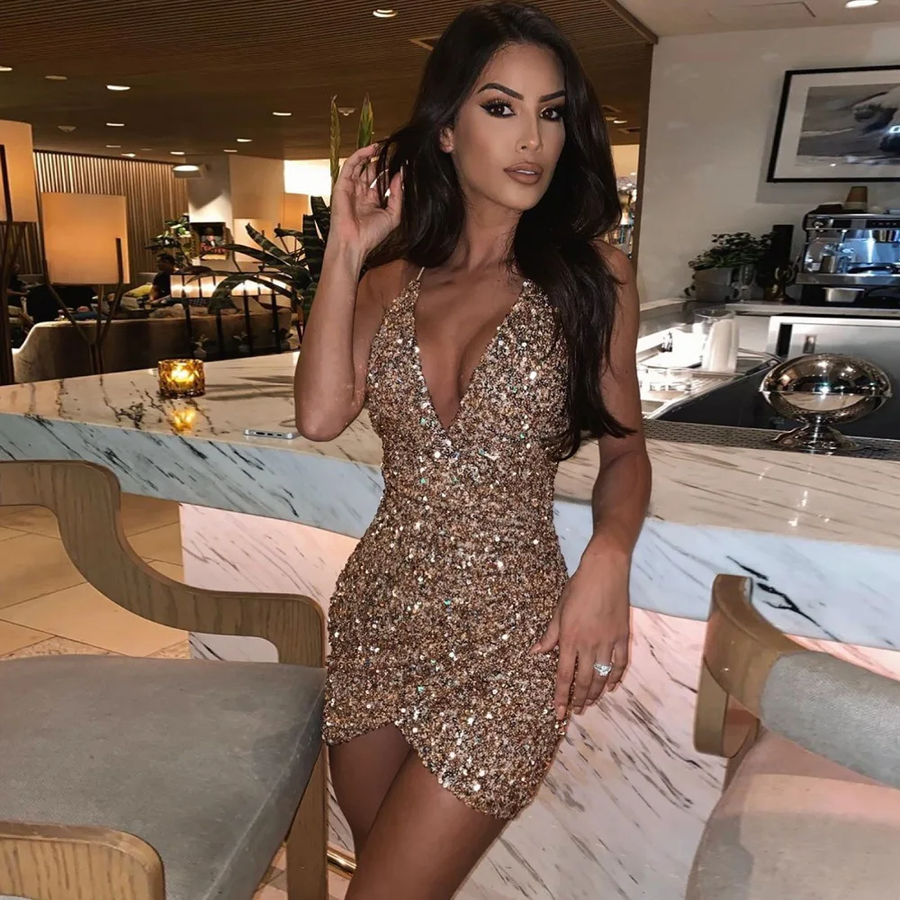 

Fashion Women Sexy V Neck Custom Backless Sequin Dress Allure Women Clothing Nightclub Outfits Prom Dresses 2021 Evening Gowns