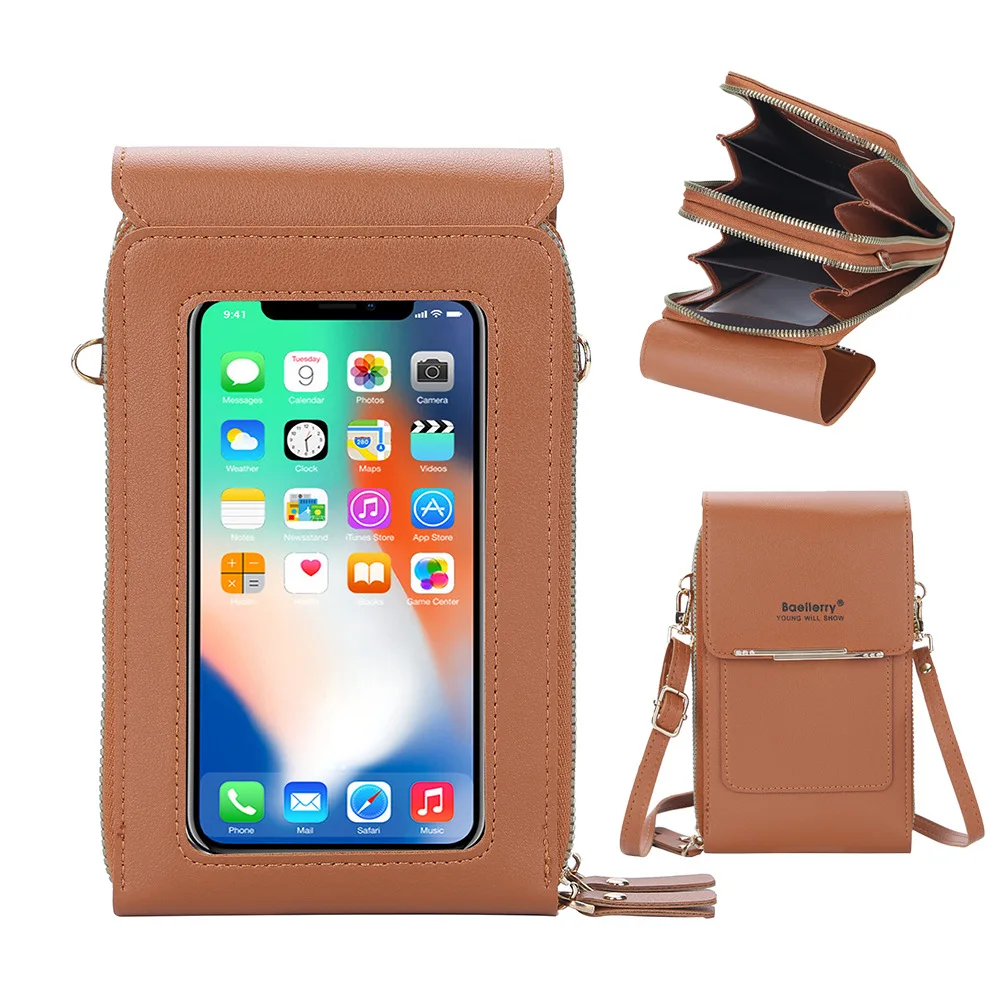 

baellerry Phone purse Transparent Touch Screen crossbody mobile phone bag small Flap Double zipper large shoulder bag for women