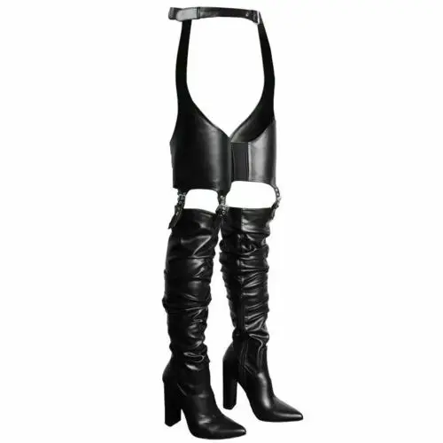

Kinky Fetish Zip Belt Chunky High Heels Platform Thigh Women Over Knee Boot Stretch