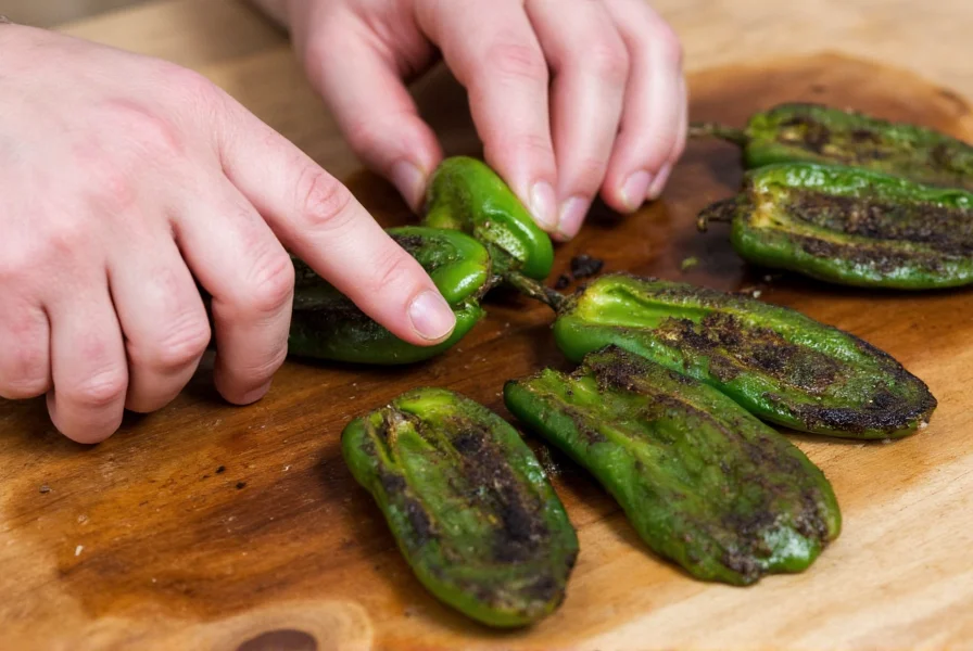 roasted poblano peppers with blackened skin being peeled by hand