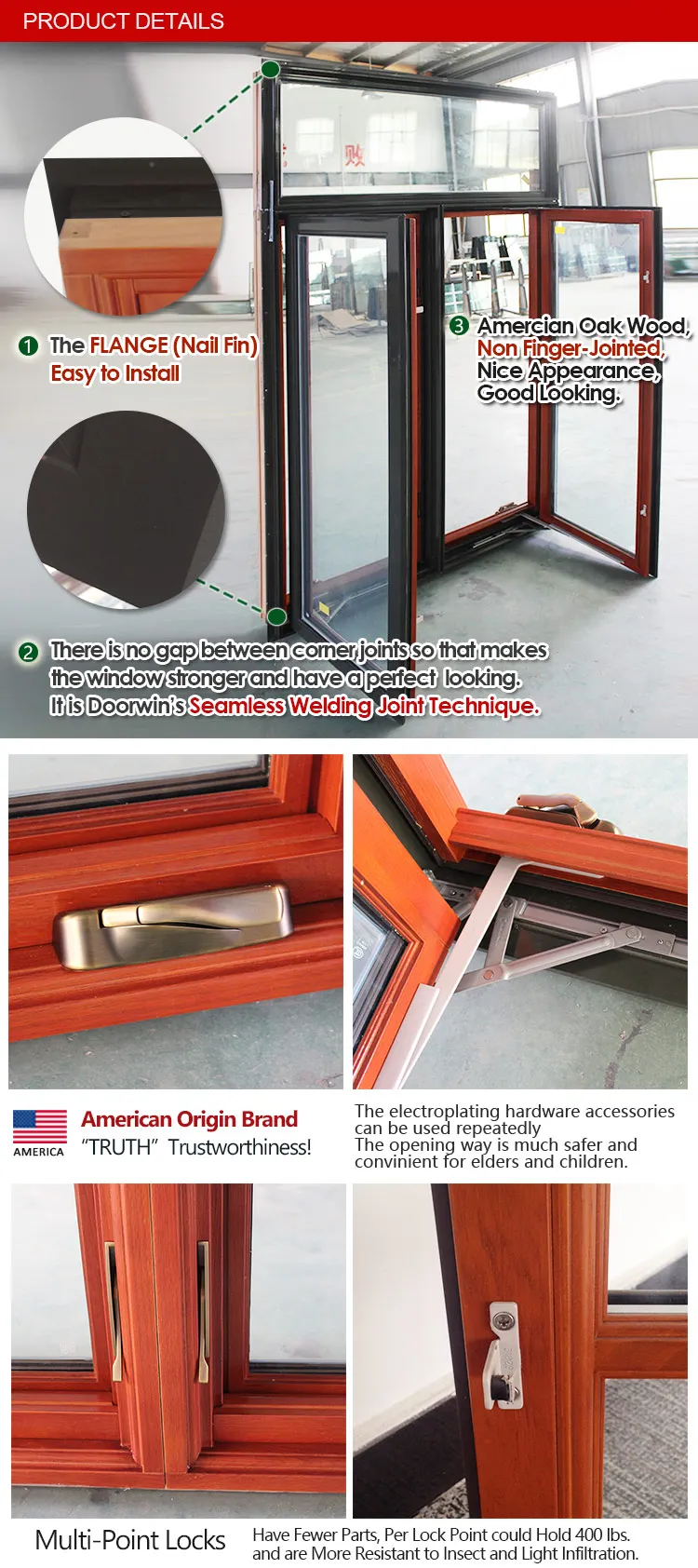 Wholesale Solid Wood Open Outside Large French Swing Crank Type Casement Window with Mosquito Net