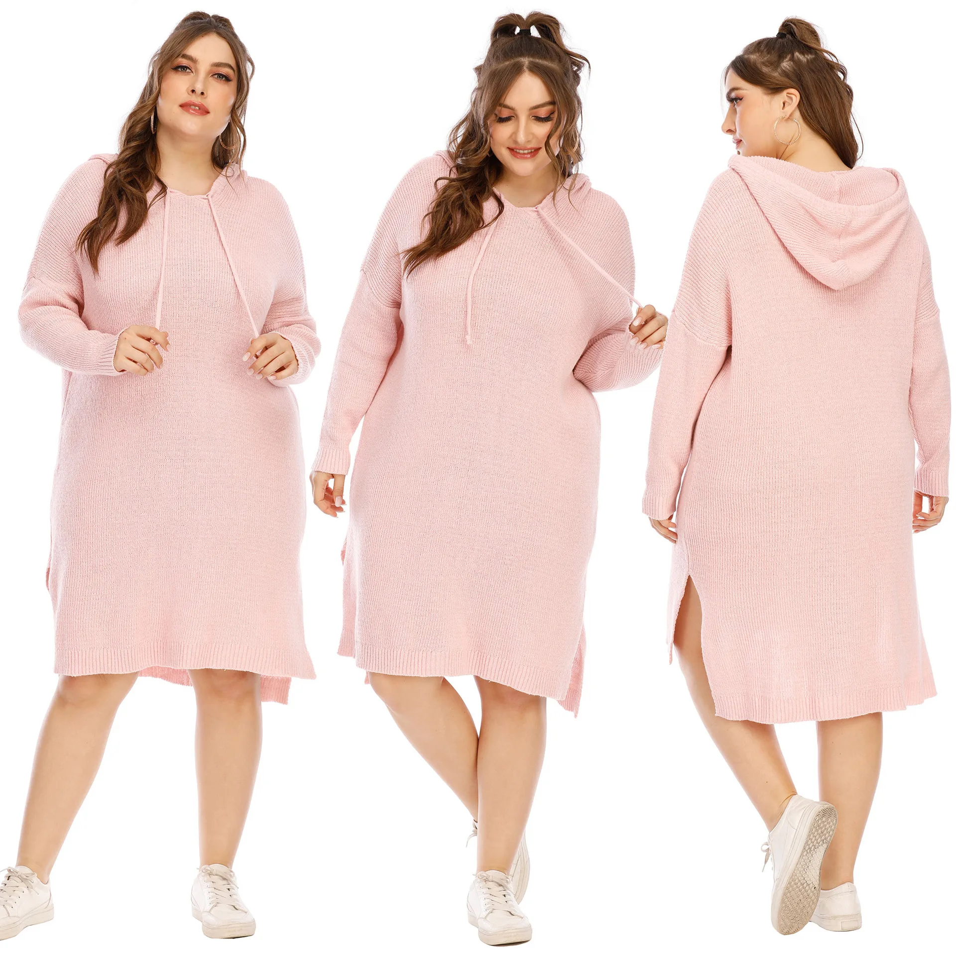 

Very Cheap Women's plus size autumn and winter hooded sweater dress sweater skirt split knit