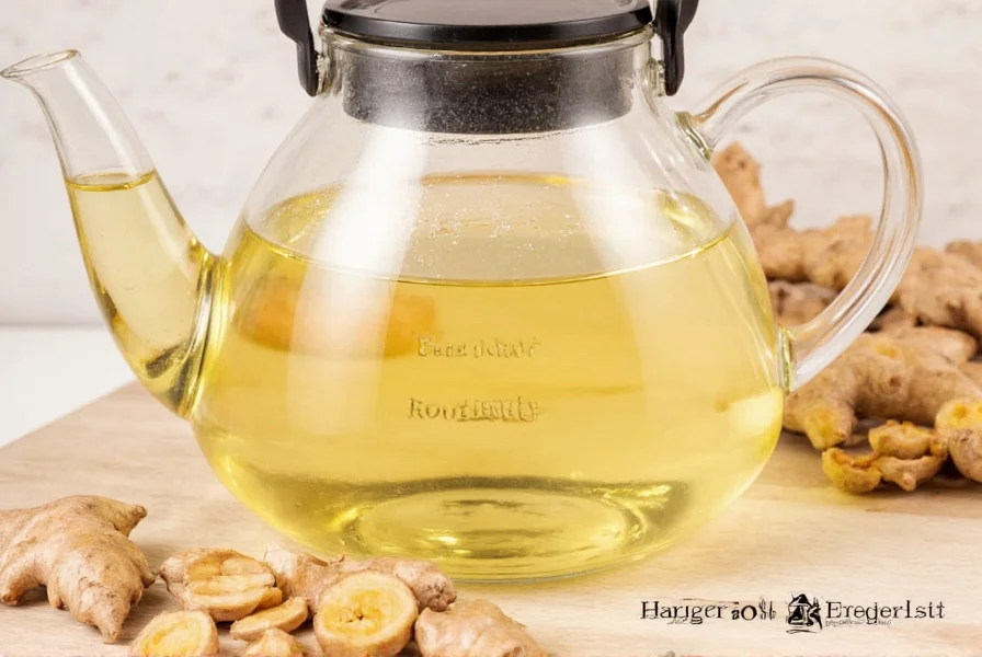 Fresh ginger root slices in a teapot with brewing instructions