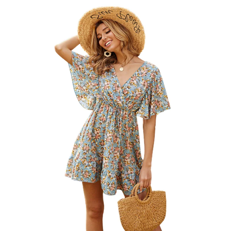 

Wholesale high quality Casual fashion sexy mature elegant boho floral mini dress, Light blue