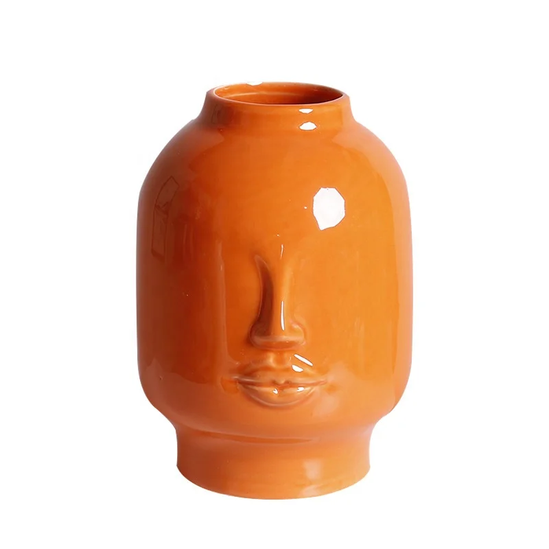 

Nordic human head ceramic flower vase creative design artistic face design dried flower pot flower container, Orange / white