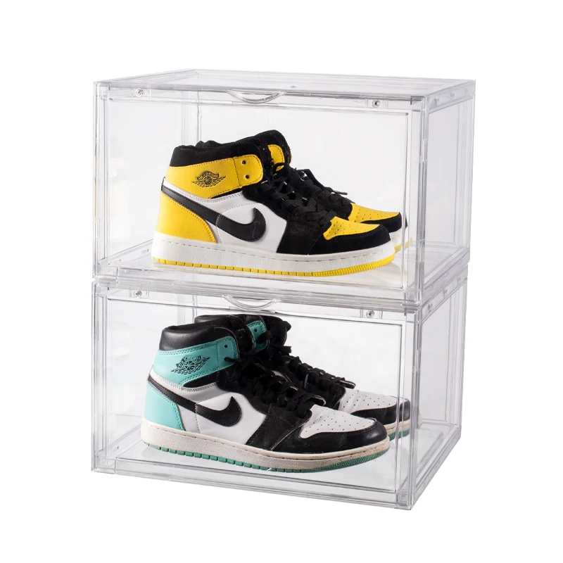 

2022 Clear transparent shoe box wholesale stackable giant jordan shoe box with custom logo Drop Front magnetic plastic shoe box