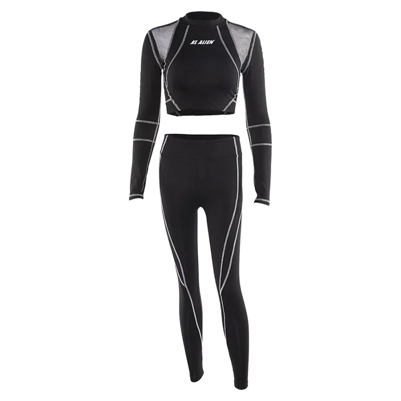 

Mesh patchwork sport two piece set for women long sleeve turtleneck crop top+ high wait leggings fitness suit workout clothes