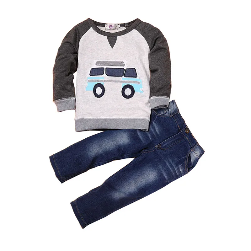 

Raglan long sleeve embroidery car graphic denim pant fall school boy's clothing sets, As picture show