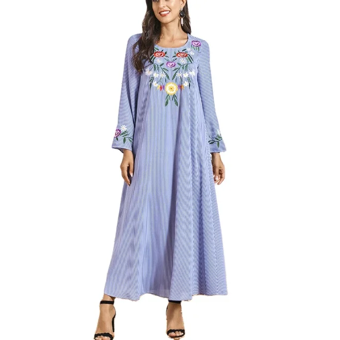 

Embroidered stripe long sleeve patchwork maxi dress dubai abaya, Light blue