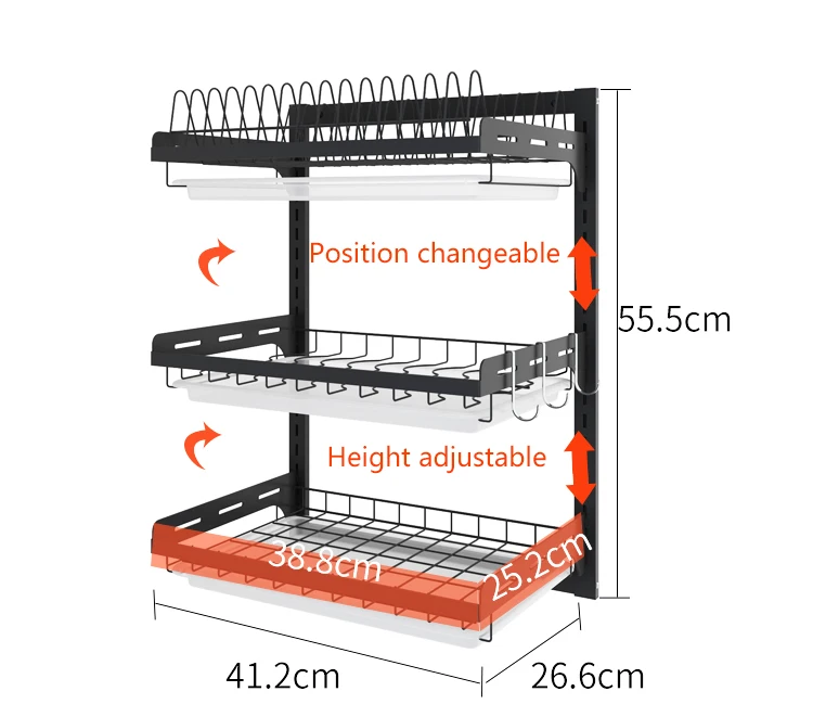 3 Tiers Wall Mounted Dish Drying Drainer Hanging Rack Stainless steel with PP Water Tray 201 Stainless steel dish rack for hotel