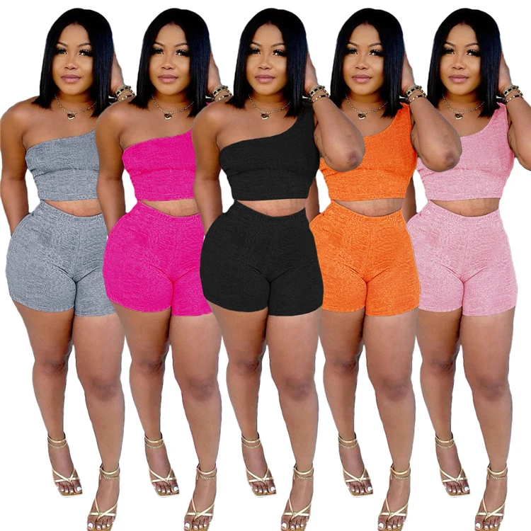 

Solid Color Summer Crop Top One Shoulder Two Piece Set Jogger Shorts Set High Waist Cute Summer Outfits For Women, As show