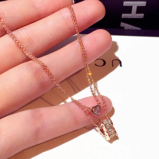 

Elegant Women Jewelry Stainless Steel Zircon CZ Love Initial Layered Necklace Double Layer Crystal Rhinestone Heart Necklace