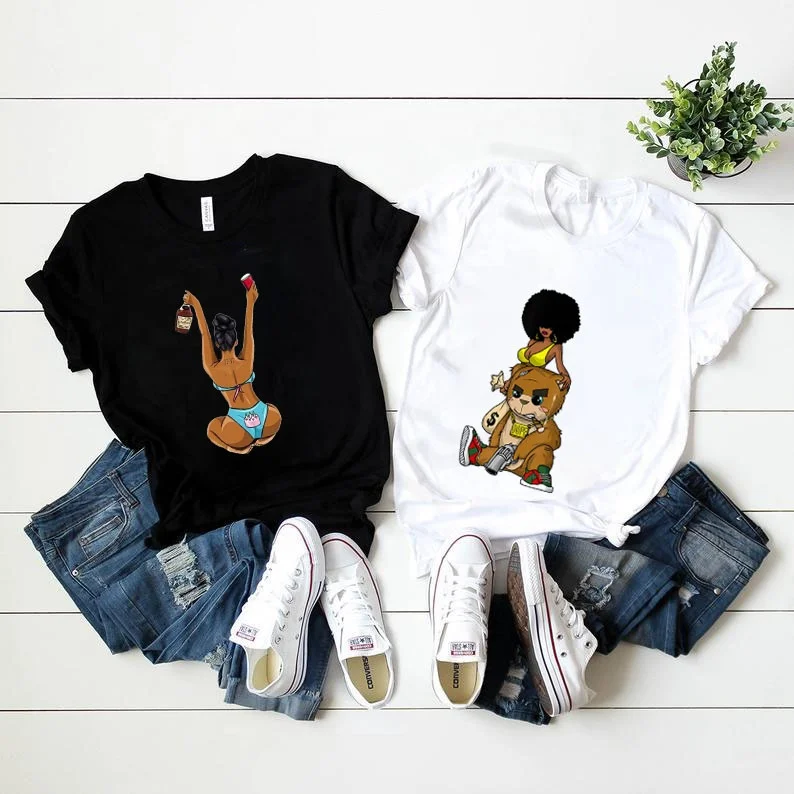 

Custom Printed Aesthetic Clothing Oversized 100% Cotton Luxury Melanin Black Girl Graphic Women's t-shirts, Black white gray dark blue red