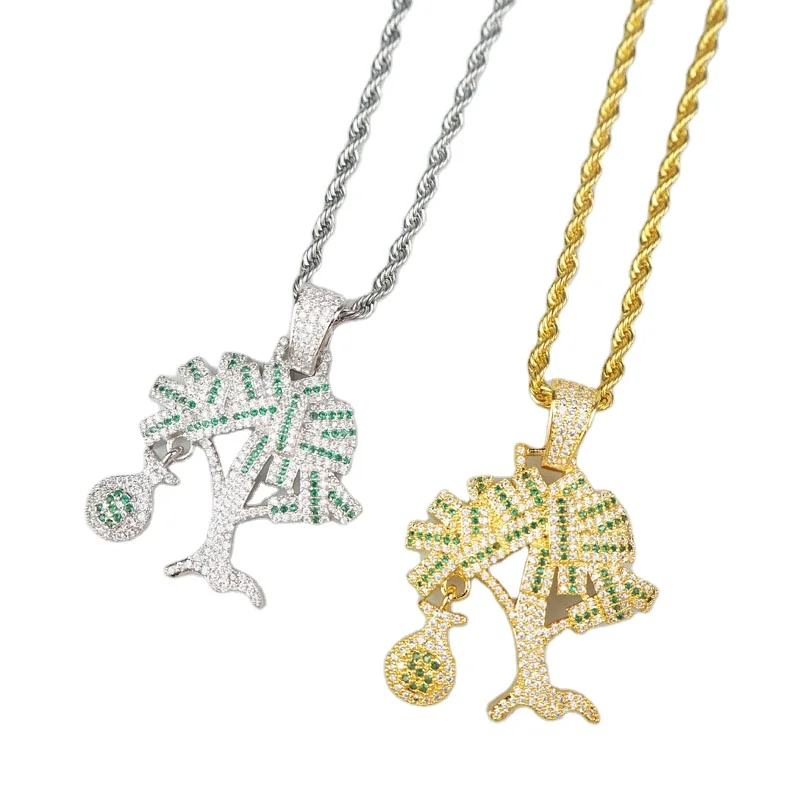 

US Dollar Money Tree Pendant Necklace & Pendant AAA CZ Stone Hip Hop Gold Silver Color Charm Chains Jewelry Gifts