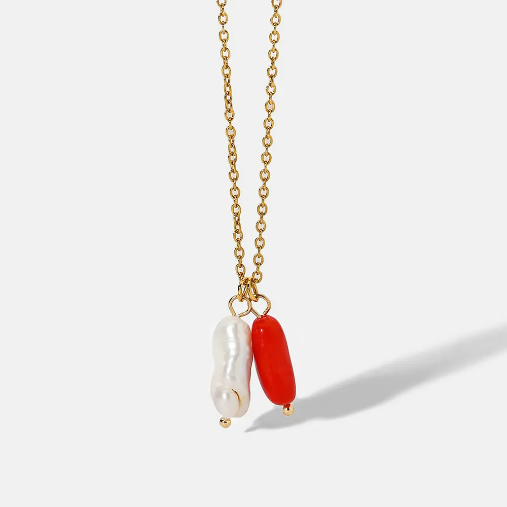 

New Arrival Stainless Steel Charm Necklace Freshwater Pearl Choker Women 18K Gold plated Red Coral Necklace Jewelry